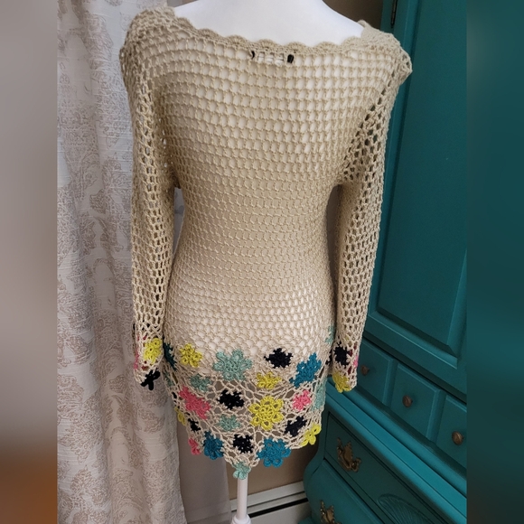 Vintage Crochet Knit Top - Cream with Multicolor Floral Accents - Picture 2 of 2